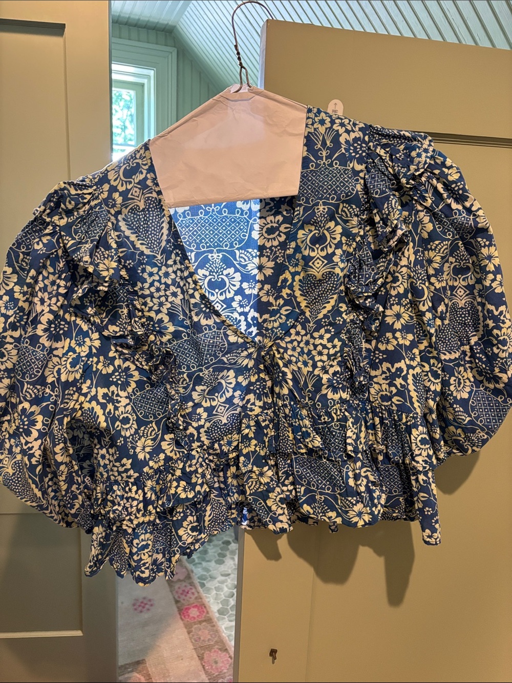 RHODE Blue and White Floral Ruffle Blouse